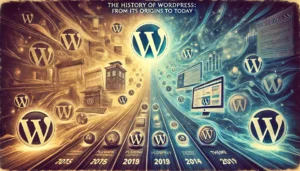 An artistic representation of the history of WordPress showcasing its evolution from its origins to today. The image includes a timeline flowing from
